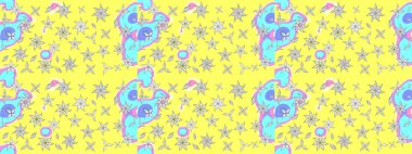 Sarı ve mavi renkli etnik çiçekli zarif eskiz deseni. Raster Çiçek İllüstrasyon Şirin Tekstil.