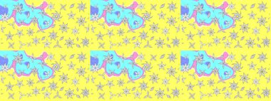 Sarı ve mavi renkli etnik çiçekli zarif eskiz deseni. Asya Tekstil 'inde Raster Çiçek İllüstrasyonu.