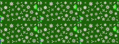 Raster illüstrasyonu. Küçük çiçekli basit bir çiçek çizimi. Yeşil ve nötr renklerde şirin çiçekler. Moda baskısı, albüm, ambalaj kağıdı, duvar kağıdı için zarif dekoratif süslemeler..