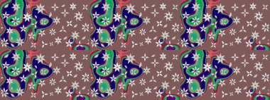 Kahverengi ve mavi renklerde etnik çiçeklerle süslenmiş zarif bir eskiz şekli. Raster Çiçek İllüstrasyonu güzel tekstil..