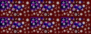 Raster illüstrasyonu. Çiçek buketleriyle klasik bir eskiz şekli. Kırmızı ve kahverengi renklerde.