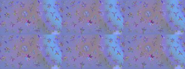 Mor ve mavi renklerde bahar çiçekleri. Raster deseni. Raster illüstrasyonu. Patlayan çiçekler soyut yerleştirilmiş.