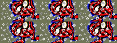 Yeşil renkli etnik çiçeklerle süslenmiş zarif bir eskiz şekli. Raster Çiçek İllüstrasyonu güzel tekstil..