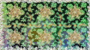 Damask pürüzsüz yineleme kalıbı. Antika altın tekrarlanabilir duvar kağıdı. Barok tarzında altın çiçekli süs. Yeşil renkte altın element.