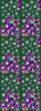 Raster illüstrasyonu. Yeşil ve mor kıvırcık çiçekler yeşil ve mor renklerde şekillenir. Klasik çiçek tasarım elementleri.