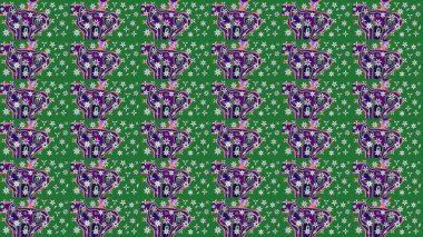 Kumaş, tekstil, duvar kağıdı baskısı için. Eskiz geçmişi. Renkli desenli eskiz deseni, yeşil çiçekler ve dekoratif elementlerle. Eski usul. Raster illüstrasyonu.