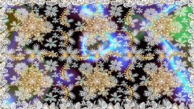 Klasik klasik klasik arka plan. Tarafsız renklerde, altın elementlerle kusursuz desen. Raster illüstrasyonu. Geleneksel oryantasyon süsü. Kusursuz klasik raster altın desenli.