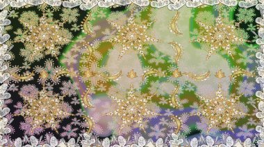 Damask arkaplanı. Tarafsız renklerde altın element. Altın çiçekli, pürüzsüz desen. Barok tarzında altın çiçekli süs..