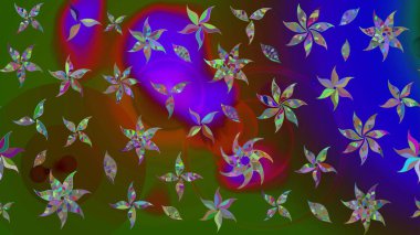 Çok yeşil zarif küçük çiçekler ve yeşil renkli komik böcekler, raster desen, illüstrasyon.