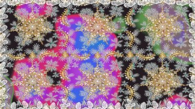 Altın karalama fantezi yapraklarından ve gri renkli çiçeklerden Raster soyut çiçek çelengi. El yapımı dekoratif çerçeve, albüm kapağı, tebrik kartı, klasik Art deco tarzı.