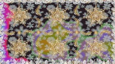 Gri renklerde, altın elementlerle kusursuz desen. Hassas altın deseni açın. Kusursuz altın desenli bukleler. Doğu tarzı arabesk. Raster. Parlak dantel, stilize çiçekler, şal desenli.