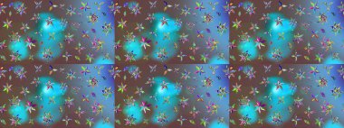 Modern çiçek arkaplanı. Moda baskıları için zarif bir şablon. Parlak renkli çiçekleri ve mavi yaprakları olan harika bir çiçek deseni. Halk stili.