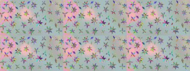 Çiçek ve yapraklı karalama şeklinde Raster çiçek deseni. Raster illüstrasyonu. Gri renkte bahar çiçekleri..