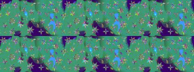 Suluboya tarzında yeşil ve mavi renklerde. Raster illüstrasyonu. Küçük çiçekli bahar deseni çiz.