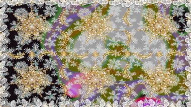 Damask pürüzsüz süsü. Geleneksel raster ve altın desen. Gri renkler üzerinde klasik oryantal desen.