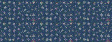 Mavi arka planda. Elle çizilmiş çiçek desenli Raster çizimi. Çocuksu tasarım. Tekstil, kumaş, ambalaj, hatıra defteri için güzel çiçek arkaplanı..