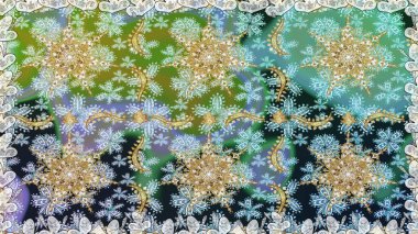 Kusursuz kraliyet lüksü, altın barok kumaş rengi. Altın antika ortaçağ dekoratifi, yapraklar ve tarafsız renklerde altın desenli süslemeleri olan pürüzsüz bir desen..