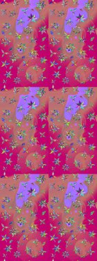 Varicolopink ve morumsu raster çizimi. Birçok pembe ve mor soyut çiçekli tropikal çizim deseni. Küçük çiçekte sevimli çiçek deseni var..