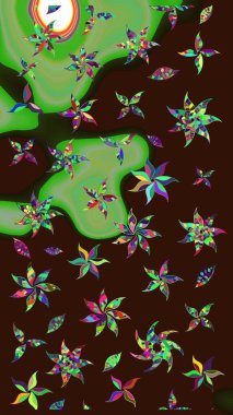 Çiçeksel fantezi tasarımı ve parlak bir arka plan çizimi. Düz Çiçek Elementleri Tasarımı. Renkli Bahar Teması çizim şablonu.