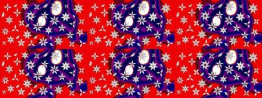 Asya tekstil tarzında. Raster illüstrasyonu. Kırmızı ve mavi renkte çiçekler. Çiçek desenli çizim. Raster illüstrasyonu.