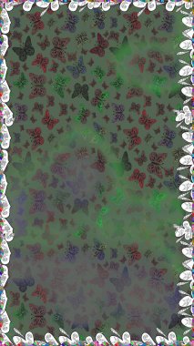 Moda sevimli kumaş tasarımı. Raster illüstrasyonu. Yeşil arka planda güzel renkli kelebeklerin Raster vintage el çizimi.