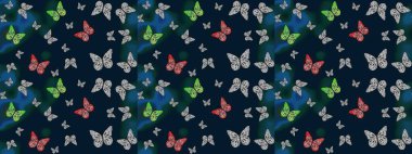 Moda Kumaşı Tasarımı. Kelebek deseni. Mavi renkte bir resim. Raster. Soyut çizim arkaplanı.