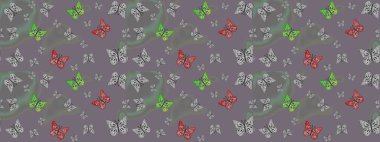 Fantezi çizimi. Erkekler, kızlar, kıyafetler, duvar kağıtları için soyut bir model. Raster. Gri renkli resimler. Bir sürü kelebek desenli çizim..