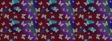 Renkli kelebeklerin eskiz geçmişi. Raster illüstrasyonu. Giysi tasarımı için kahverengi arkaplanda dekor.