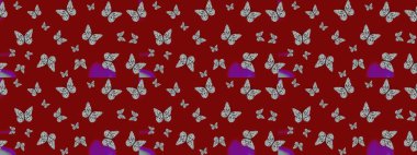 Kırmızı renkli resimler. Renkli sevimli kelebek. Yüzey dokuları, duvar kağıtları, web sayfası geçmişi, tekstil için mükemmel. Raster illüstrasyonu. Taslak şablon arkaplanı.