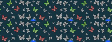 Kağıt, kumaş ve ambalaj için uygun. Raster çiçek desenli kelebek deseni. Mavi renkli illüstrasyon.