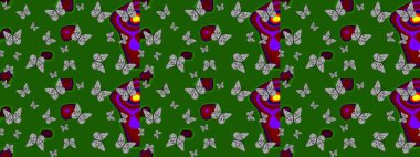 Kelebek gölgeleri ve siluetler. Raster illüstrasyonu. Kumaş, kağıt ve ambalaj için uygun. Bahar ve yaz tropikal kelebek deseni yeşil renklerde..