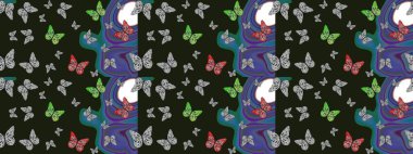 Raster illüstrasyonu. Robot resim. Kağıt, kumaş, ambalaj kağıdı ve duvar kağıdı tasarımı için güzel bir arka plan. Güzel kelebek resimlerini renklendir.