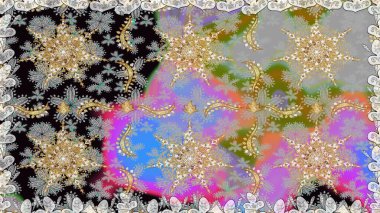 Gri renklerdeki altın element. Barok tarzında altın çiçek süsü. Damask arka planı tekrarlıyor. Antika altın tekrarlanabilir duvar kağıdı.