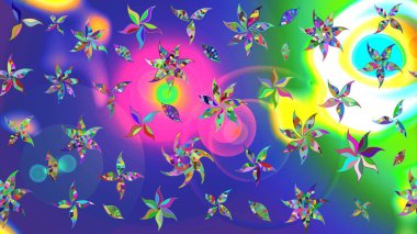 Raster çiçek desenli çiçek deseni, yapraklar, dekoratif elementler, sıçrama, lekeler, el çizimi kontur çizgileri ve Doodle çizim stili, grafik raster çizim çizimi.