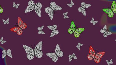 Robot resim. Çizim, karalama, karalama. Kelebekli tasarım. Raster illüstrasyonu. Kahverengi arka planda kelebekler. Sonsuz.