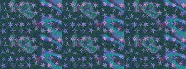 Suluboya elle çizilmiş çiçek desenli eskiz deseni. Parlak renkli fantezi çiçekleri, yapraklar, mavi renkli tomurcuklar.