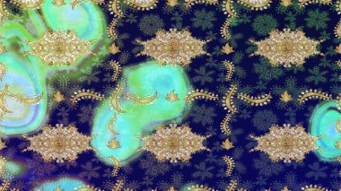 Raster illüstrasyonu. Oriental raster klasik mavi ve altın desenli. Soyut arkaplan çizimi.