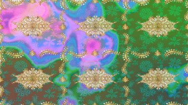 Paisley 'ler zarif çiçek desenli eskiz arka plan duvar kâğıdı çizimi klasik tarz, modern 3D çizgili sanat eseri altın ve yeşil desenli çiçek yaprakları ve süslemeleri..