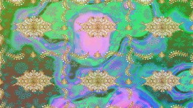 Altın şablonu çiz. Altın elementlerle yeşil renklerde altın desen. Raster doğulu süsü.