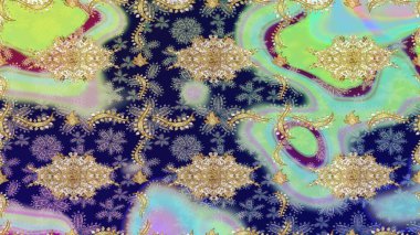 Geleneksel raster ve altın desen. Damask eskiz süsü. Nötr renkler üzerinde klasik oryantal desen.