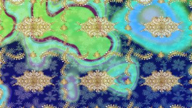 Soyut bir arkaplan çiz. Oriental raster klasik mavi ve altın desenli. Raster illüstrasyonu.