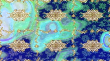 Hassas altın deseni açın. Altın desenli bukleler çiz. Mavi renkler ve altın elementler üzerine çizim. Doğu tarzı arabesk. Parlak dantel, stilize çiçekler, şal desenli. Raster..