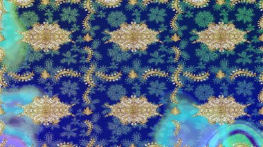 Çiçek kiremitleri. Altın elementlerle mavi renklerde altın desen. İslam tasarımı. Raster altın tekstil baskısı. Çizim desenli oryantal süs.