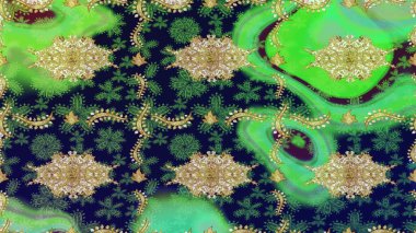 Geleneksel oryantasyon süsü. Altın elementlerle yeşil renklerde altın desen. Klasik Raster altın desenini çiz. Klasik vintage arkaplan.