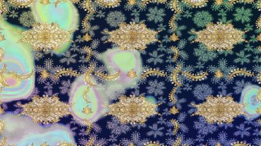Çiçek süsü kumaş deseni, cam, altın elementli mavi renklerde çiçek desenli metal. Klasik Raster altın eskiz modeli..