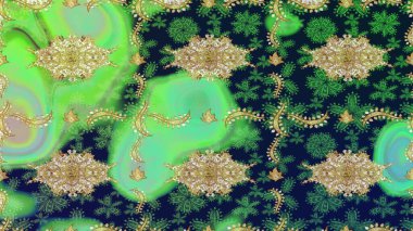 Sembol bayramı, yeni yıl kutlamaları, altın desenler. Kış kar dokusu duvar kağıdı. Noel Altın Kar Tanesi eskiz modeli. Yeşil renkte altın kar taneleri.