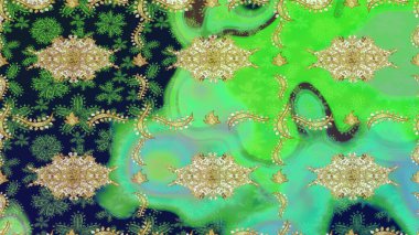 Altın şablonu çiz. Altın elementlerle yeşil renklerde altın desen. Raster doğulu süsü.