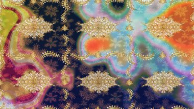 Geleneksel oryantasyon süsü. Klasik Raster altın desenini çiz. Altın elementlerle mavi renklerde altın desen. Klasik vintage arkaplan.