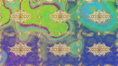 Geleneksel oryantasyon süsü. Yeşil renkler ve altın elementler üzerine çizim. Klasik klasik klasik arka plan. Klasik Raster altın desenini çiz.