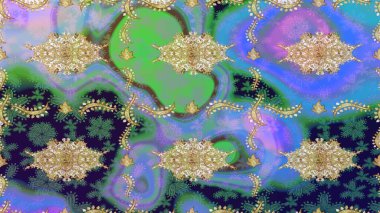 Mavi renkte altın bir element. Barok tarzında altın çiçekli süs. Damask arkaplanı. Altın çiçekli çizim şekli.